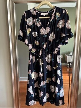 LOFT Black Floral Midi Dress with Pink and Cream Blooms